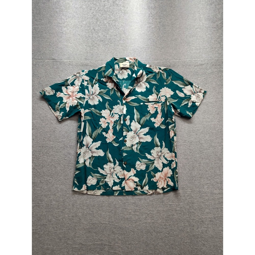 Paradise Bay Men Shirts Green White Floral Button Up Short Sleeve Comfort Casual